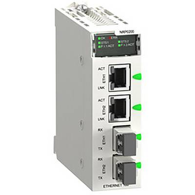 Industrieel apparaat met drie Ethernet-poorten. LED's geven verbindingsstatus weer. Bovenste display toont statusmeldingen 'OK' en 'Fout'.