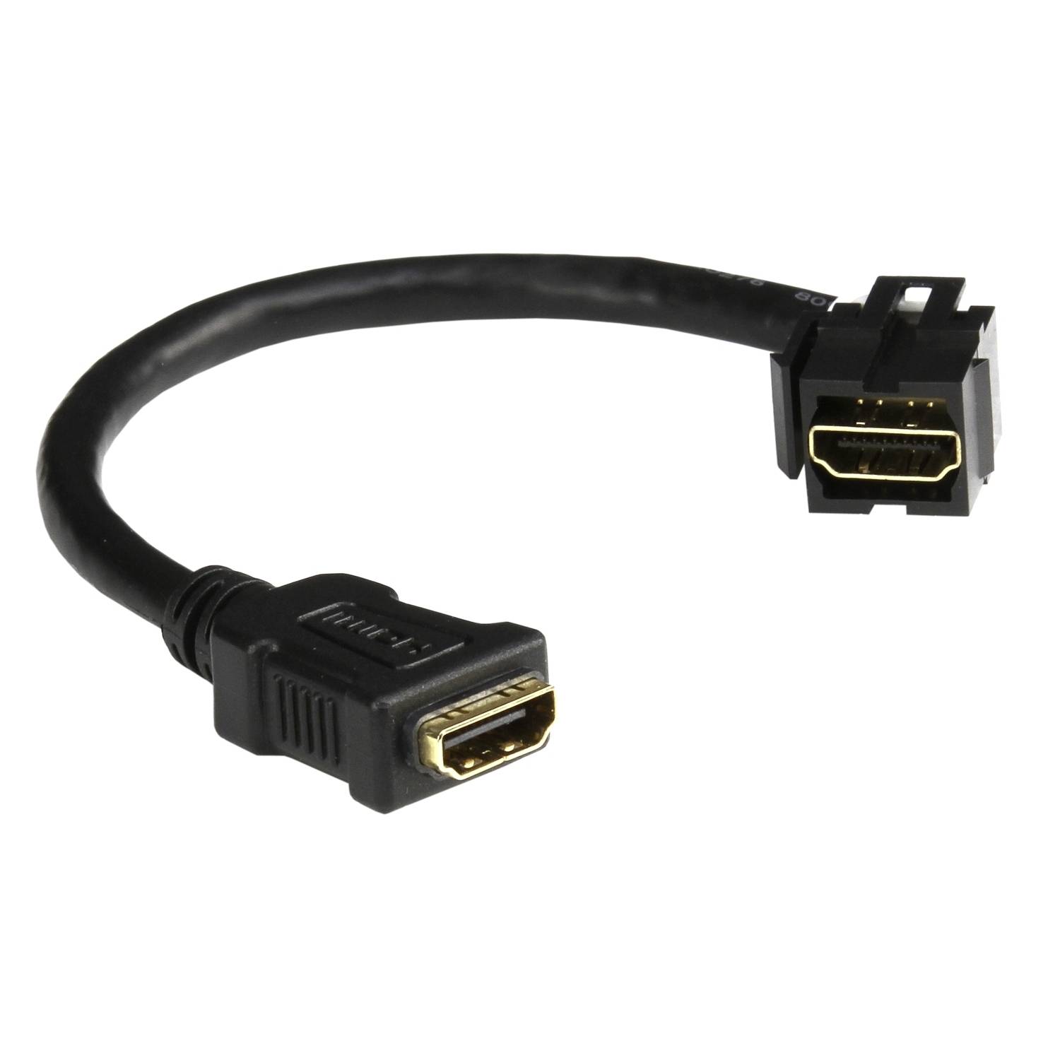 'Zwarte HDMI-adapterkabel met haakse stekker aan de ene kant en rechthoekige aansluiting aan de andere kant, geschikt voor krappe ruimtes.'