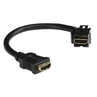 'Zwarte HDMI-adapterkabel met haakse stekker aan de ene kant en rechthoekige aansluiting aan de andere kant, geschikt voor krappe ruimtes.'