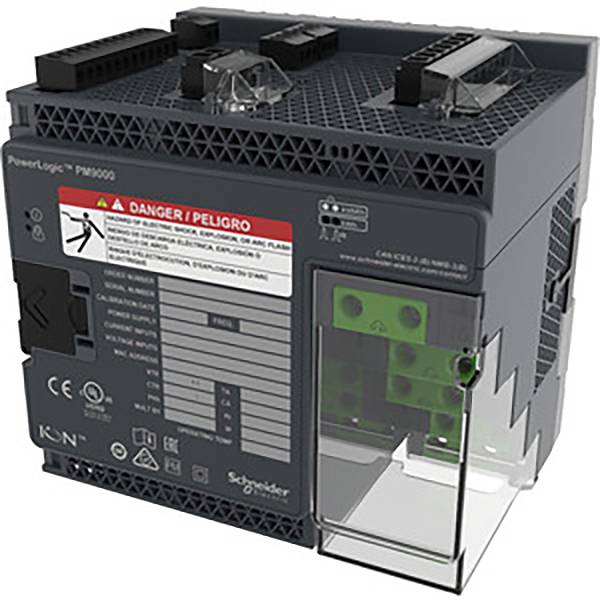 Elektriciteitsmeter met frontlabeling en waarschuwing in het Engels en Spaans. Hoofdkenmerk voor elektrische metingen en gegevensregistratie.
