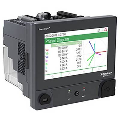 Een zwart elektrisch meetapparaat met een digitaal display dat een 'Phasor Diagram' toont met verschillende meetresultaten.