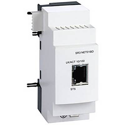 Een wit Ethernet-module met meerdere aansluitingen en de tekst 'SR3 NET01BD' op de voorkant.