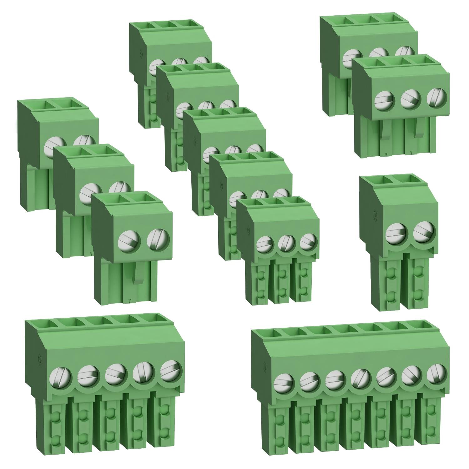 Groene schroefklemmen in verschillende formaten en aantallen, geschikt voor elektrische bedrading. Ze zijn naast elkaar gerangschikt.