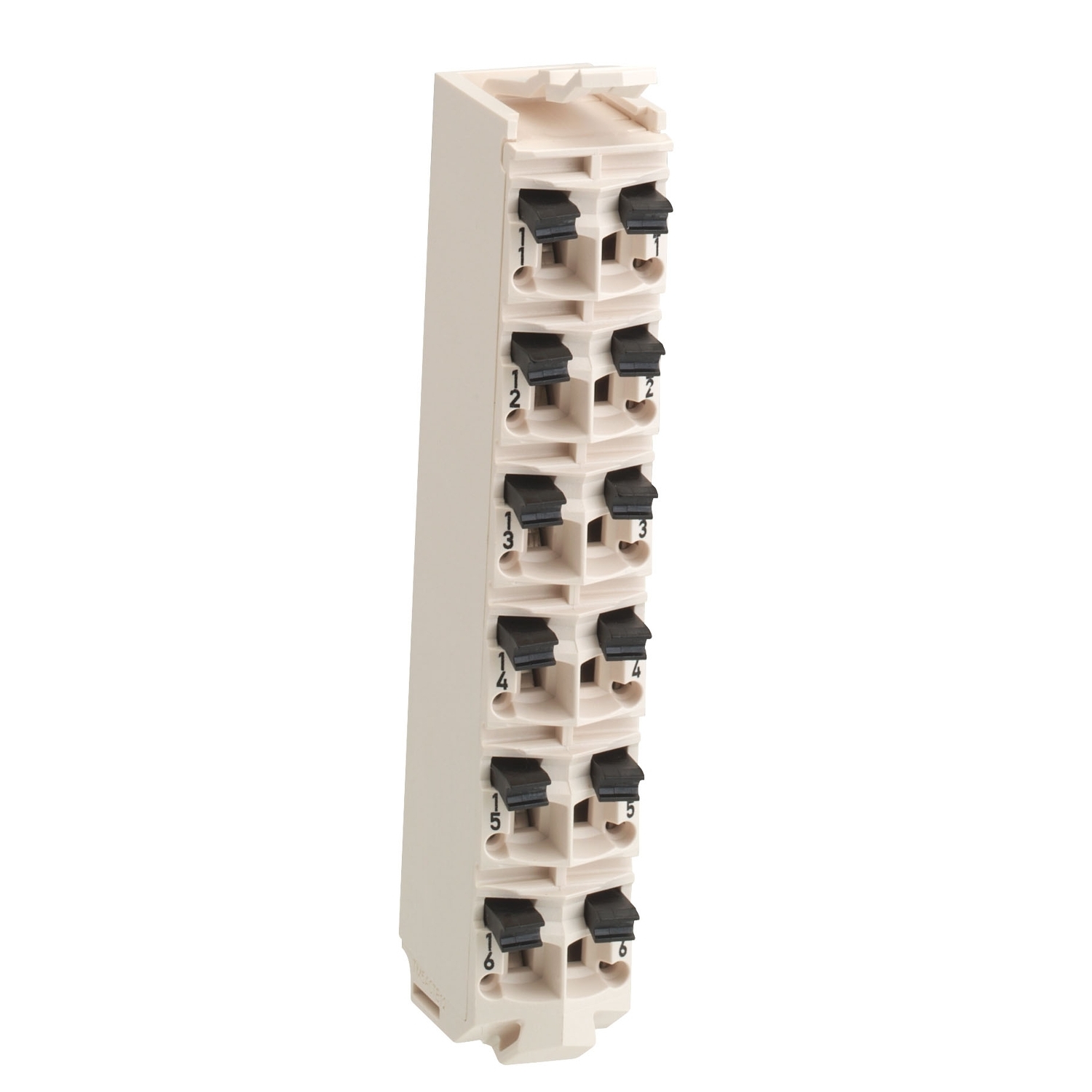 Een wit elektrisch aansluitmodule met 10 genummerde aansluitplaatsen, verticaal gerangschikt, met zwarte klemmen.