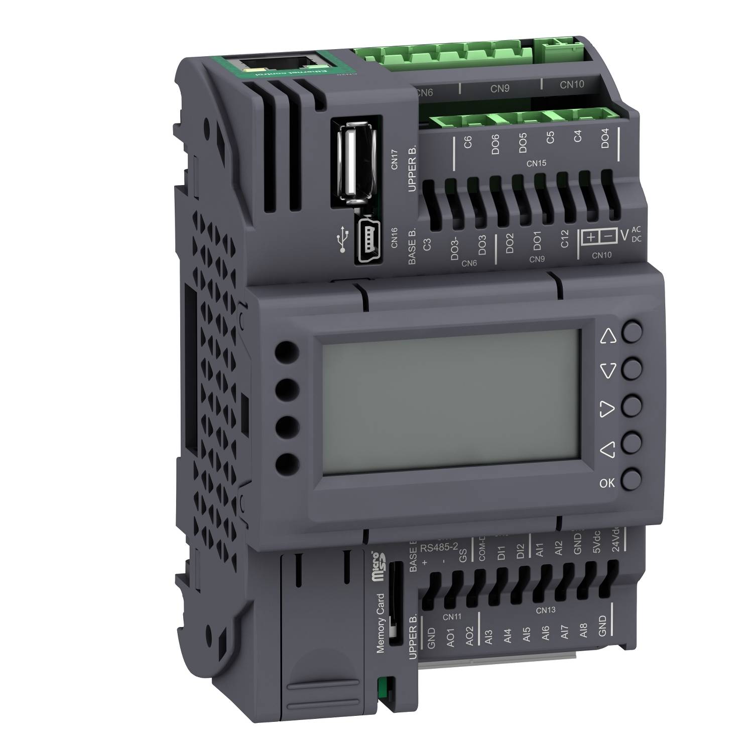 Een zwart elektronisch besturingsapparaat met meerdere groene en zwarte aansluitingen en een digitaal display aan de voorkant.