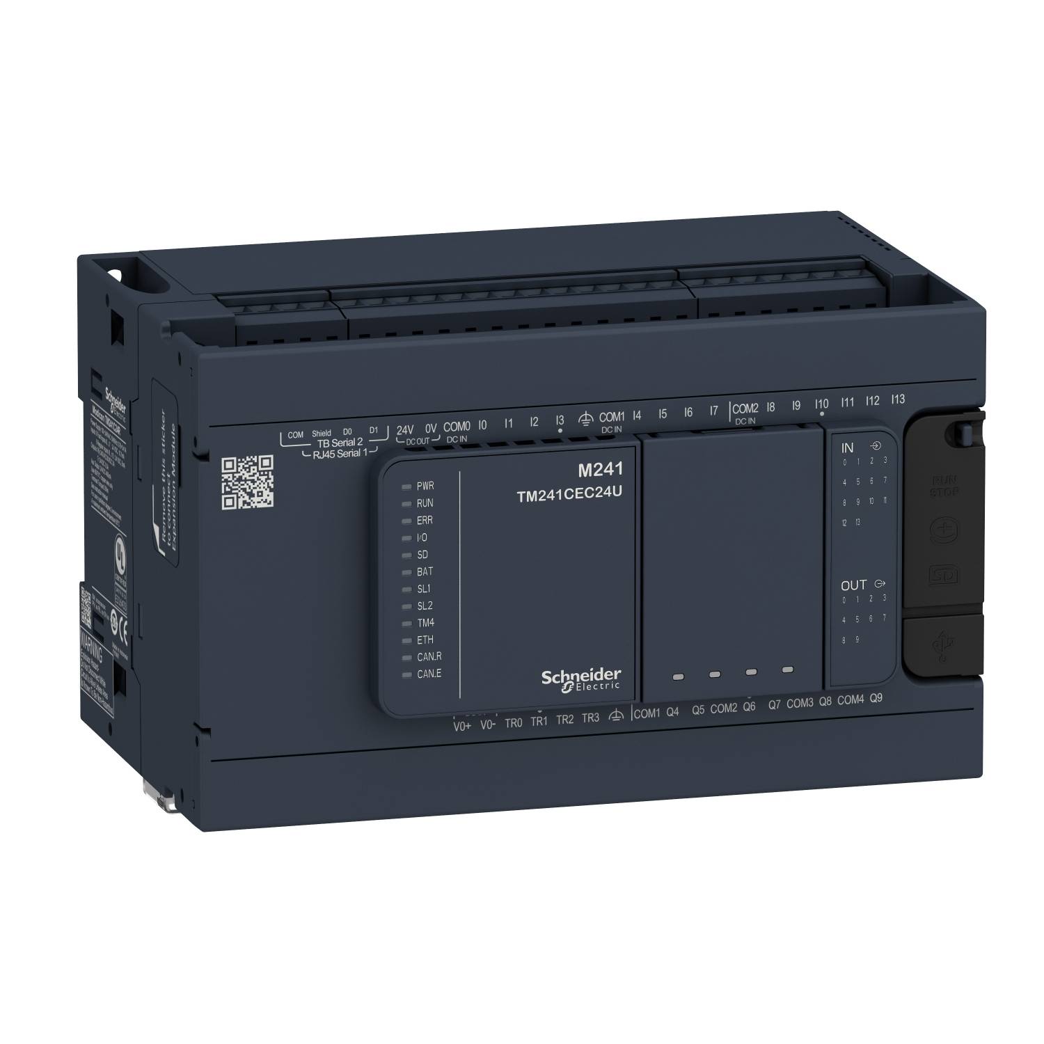 Een elektrisch stuurapparaat met de opdruk 'M241 TM241CEC24U'. Het beschikt over meerdere aansluitingen en indicatoren op de voorkant. Het apparaat is van het merk Schneider Electric.