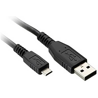 Een zwarte USB-kabel met een standaard USB-stekker en een micro-USB-stekker, vaak gebruikt voor het opladen van apparaten.