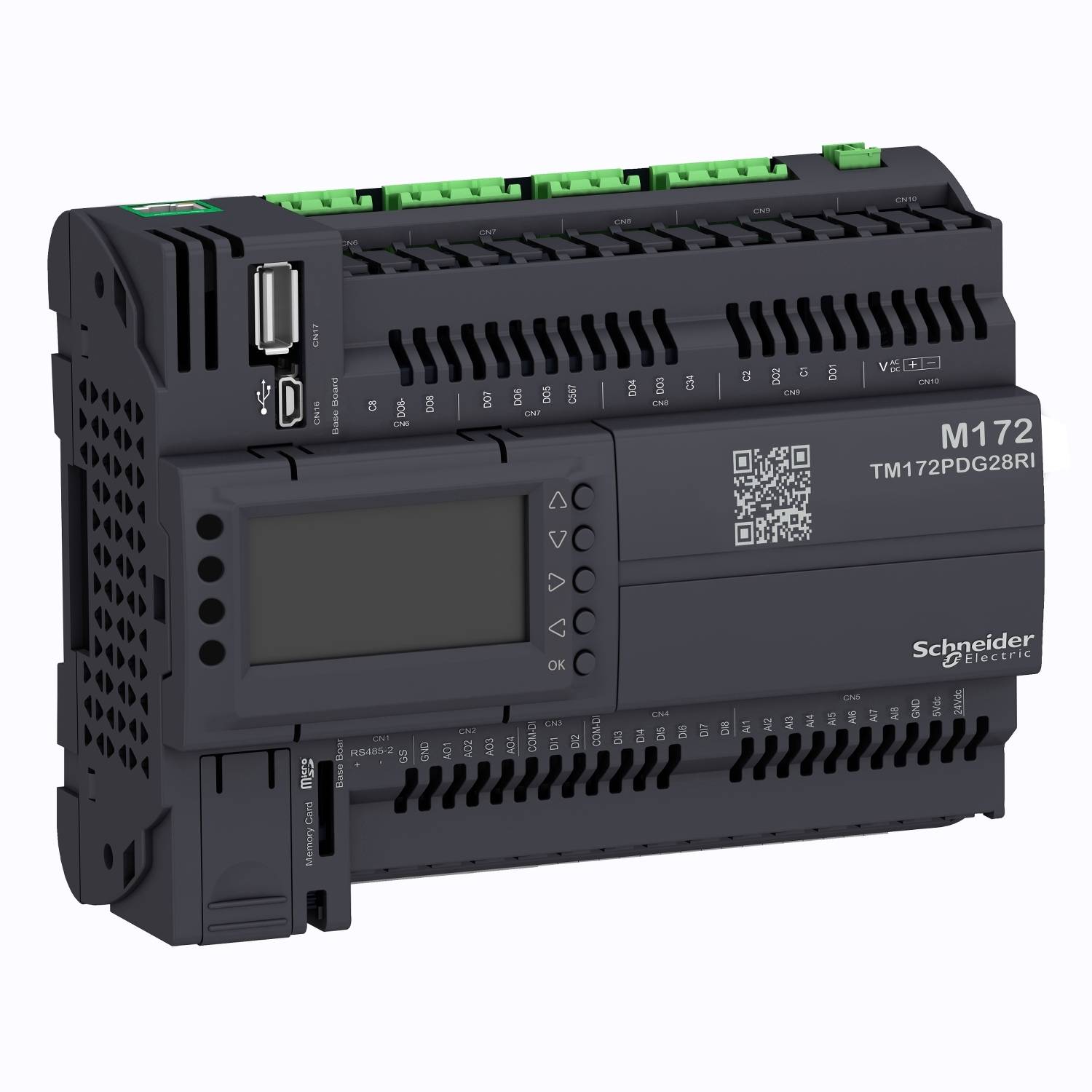 Een zwarte modulaire industriële controller met meerdere aansluitingen en een display. Merknamen en een QR-code zijn zichtbaar.