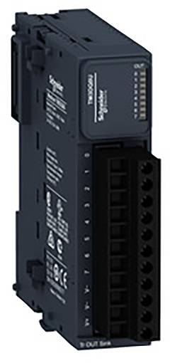 Zwart elektronisch module met meerdere aansluitingen en de tekst 'Schneider Electric'. Het dient waarschijnlijk als besturingsapparaat in een technisch systeem.