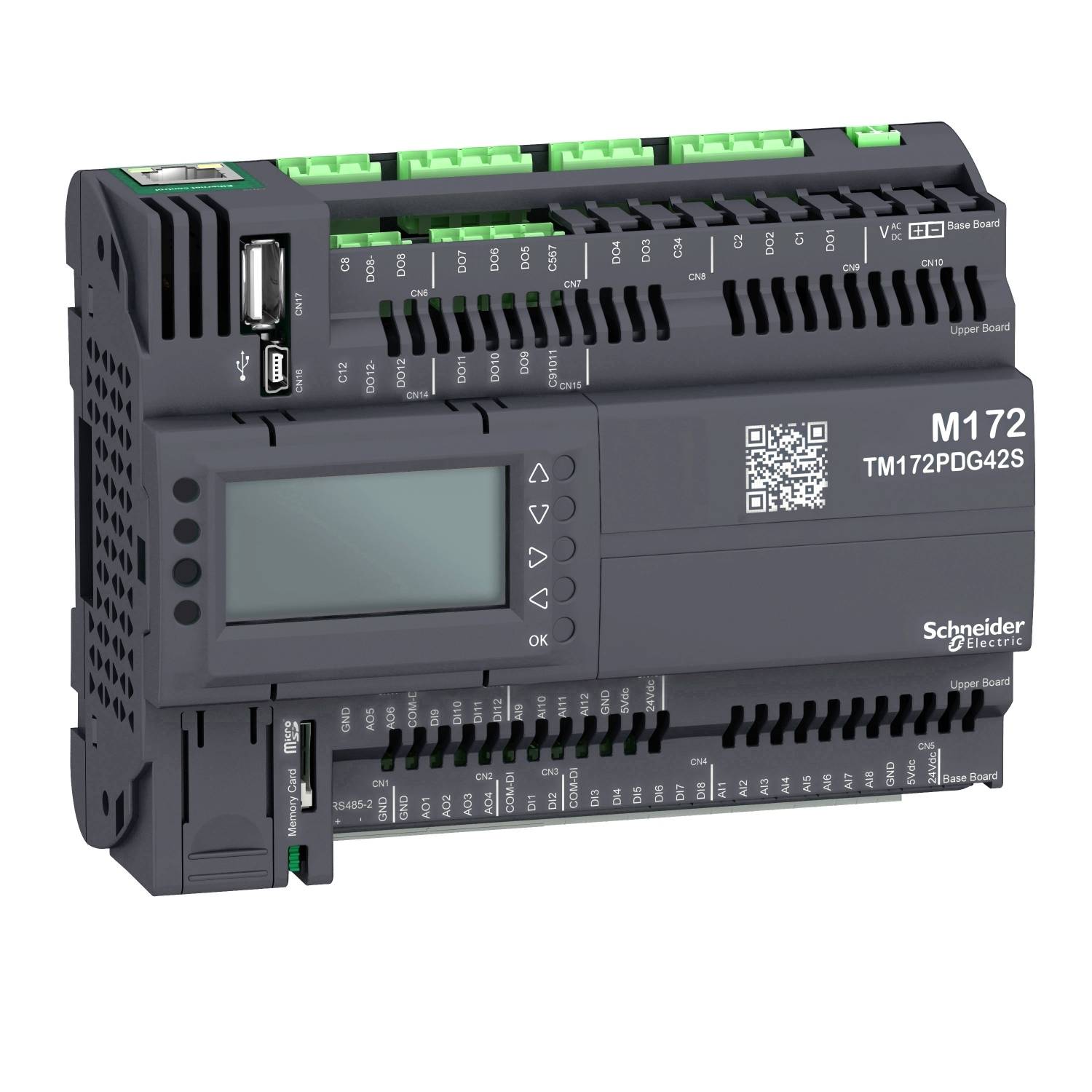 Een zwarte besturingscontroller van Schneider Electric, model 'M172 TM172PDG42S', met meerdere aansluitingen en een display.
