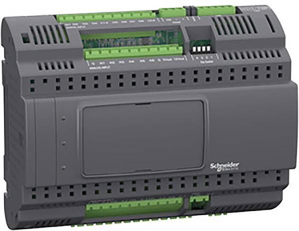 Een automatiseringsmodule van Schneider Electric met meerdere groene aansluitklemmen, vermoedelijk voor de besturing van industriële processen.