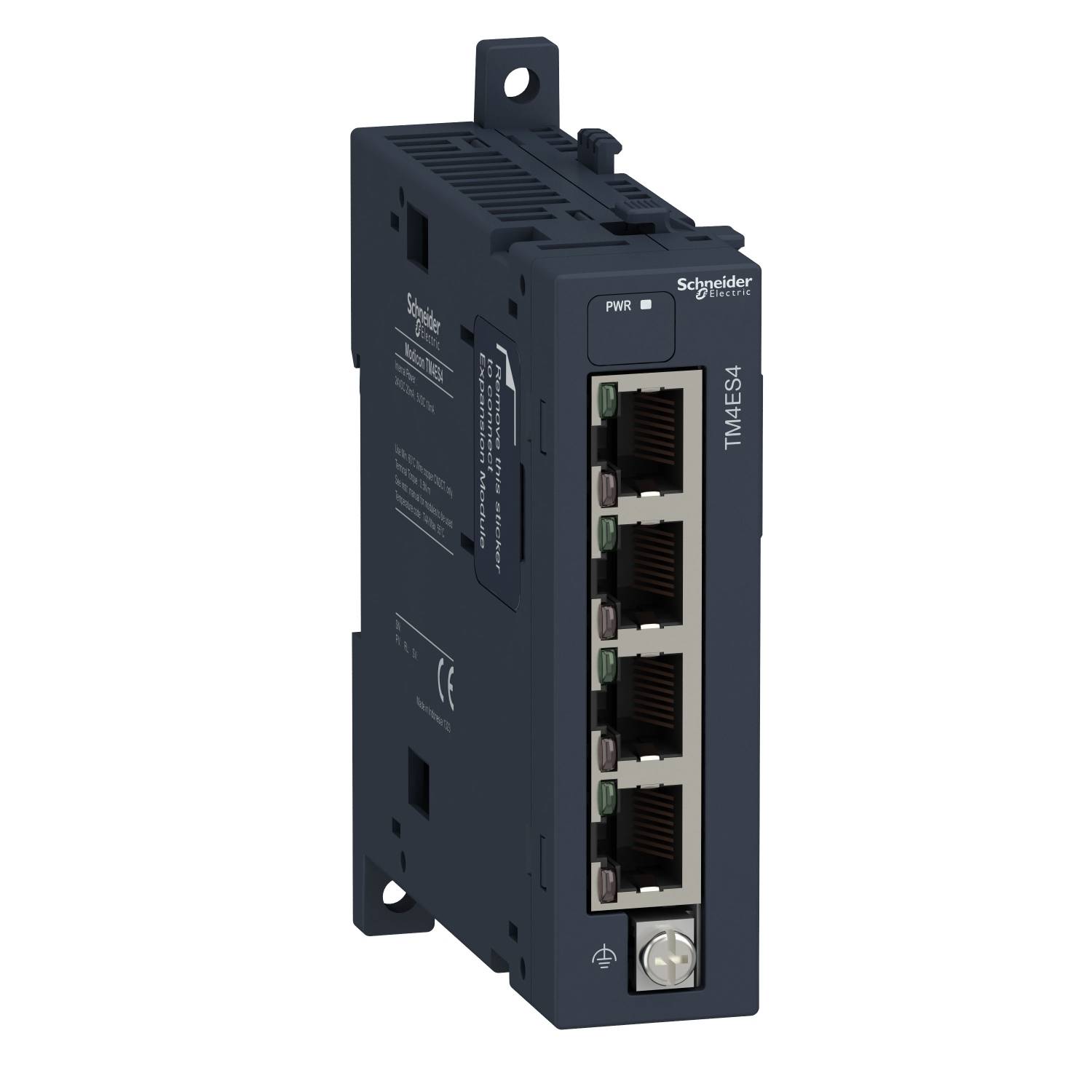 Een zwart elektronisch apparaat met vijf Ethernet-poorten aan de voorkant. Links bovenaan is het logo van een fabrikant zichtbaar.