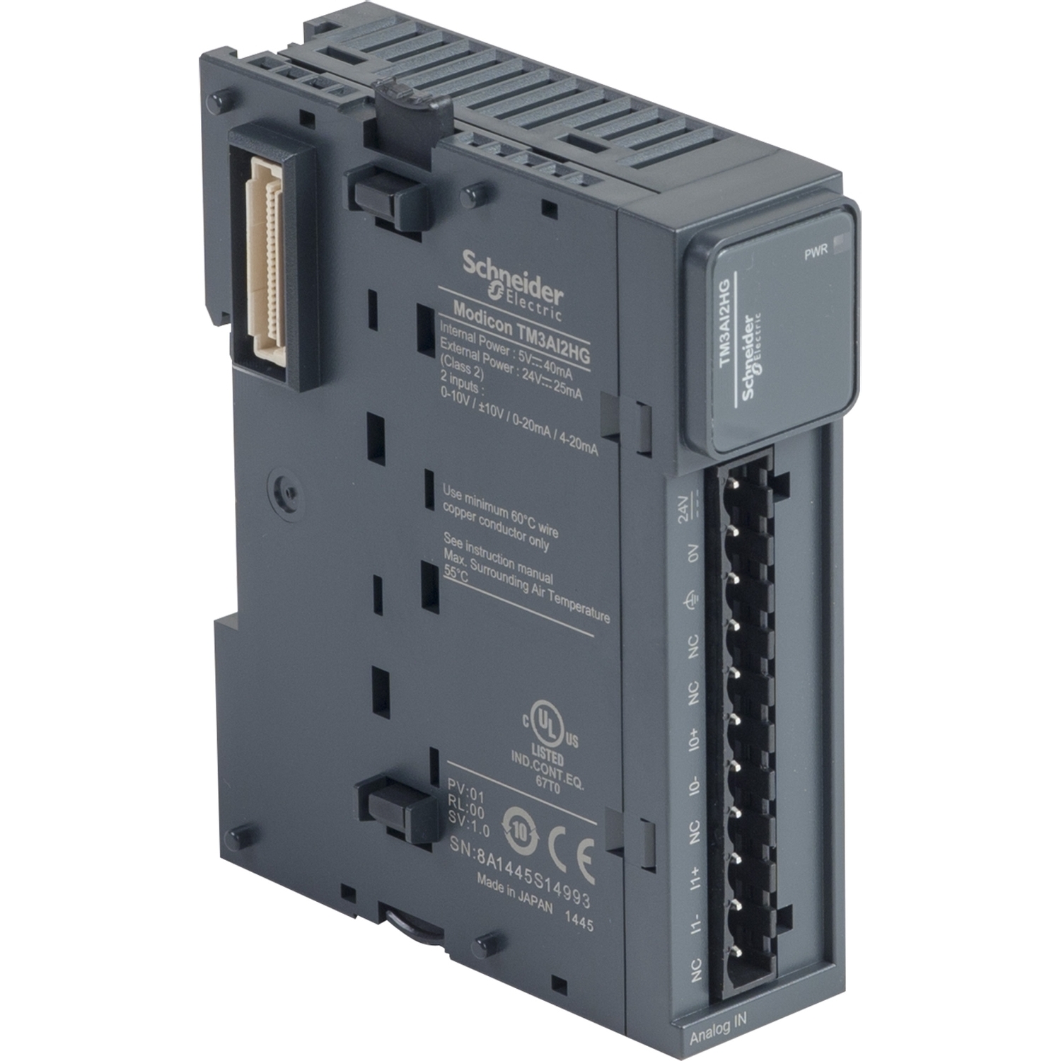 Zwart elektronisch module van Schneider Electric, model TM2AI2HG. Het toont frontaansluitingen en zijdelingse stekkeropties.