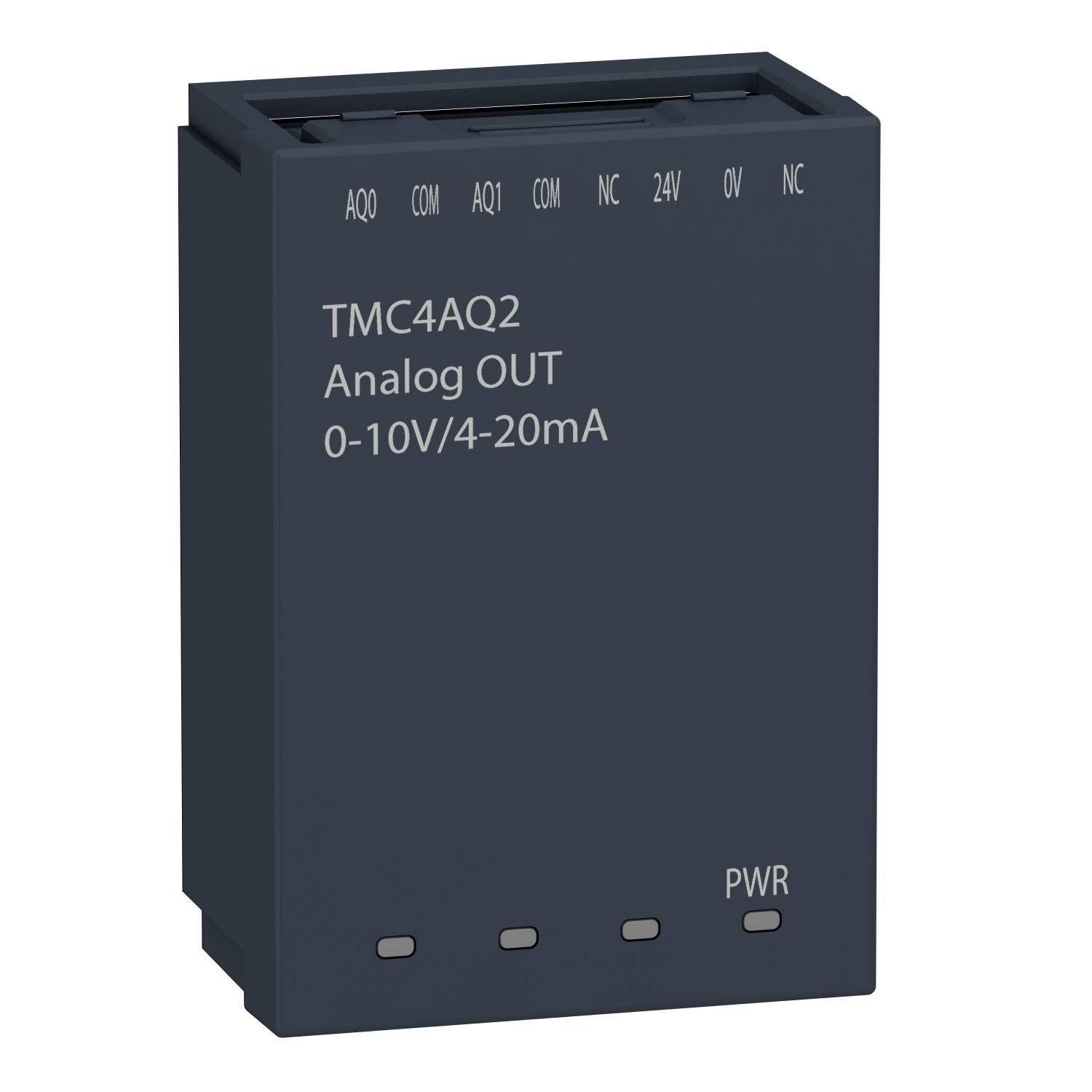 Een zwart, rechthoekig module met de opschrift: 'TMC4AQ2 Analoog UIT 0-10V/4-20mA'. Bovenaan aansluitingen, onderaan meerdere LED's.