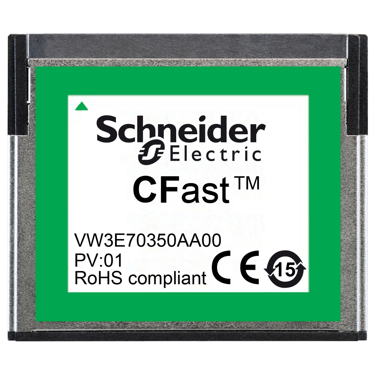 Kaart met groen etiket van het merk 'Schneider Electric', model 'CFast'. Toont productinformatie en certificeringslogo's.