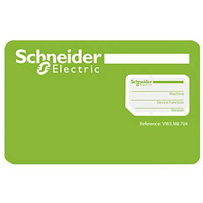 Groene kaart met het 'Schneider Electric' logo linksboven. Rechts een kleinere sectie met verschillende lege velden en de referentie 'VW3 MB 704'.