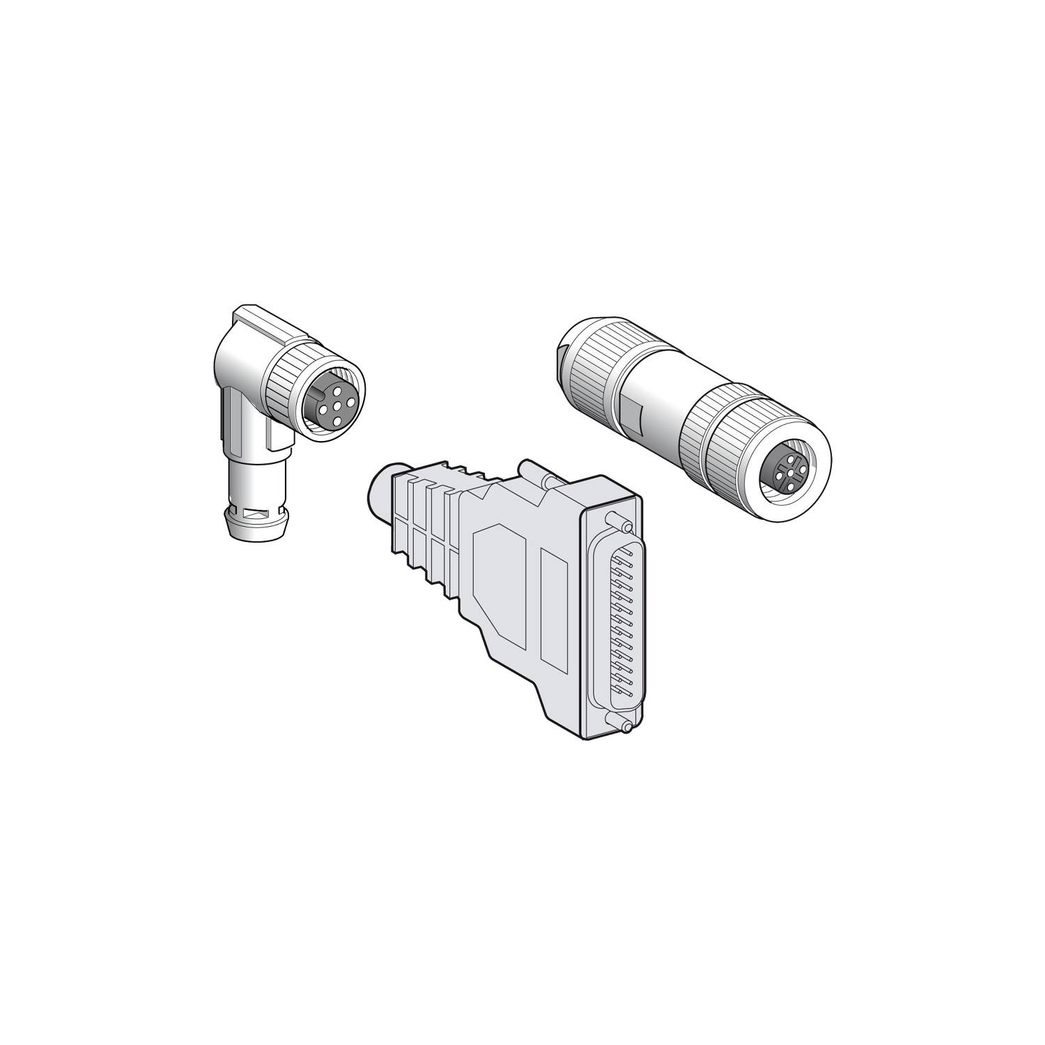 Drie verschillende stekkerillustraties: een haakse connector, een ronde stekker en een rechthoekige stekker.