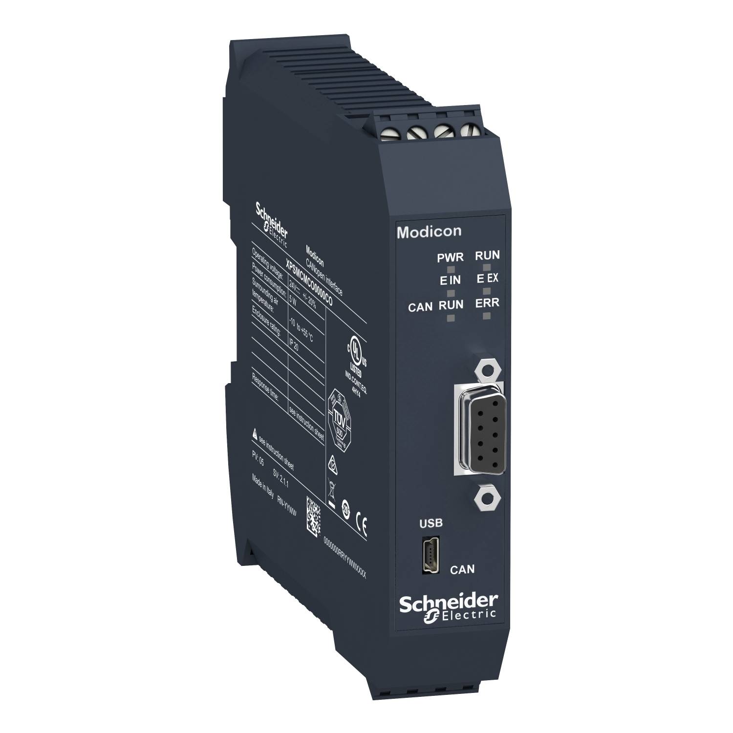 Een zwart Modicon-apparaat van Schneider Electric met USB- en CAN-aansluitingen, evenals statusweergaves voor PWR, RUN, IN en ERR.