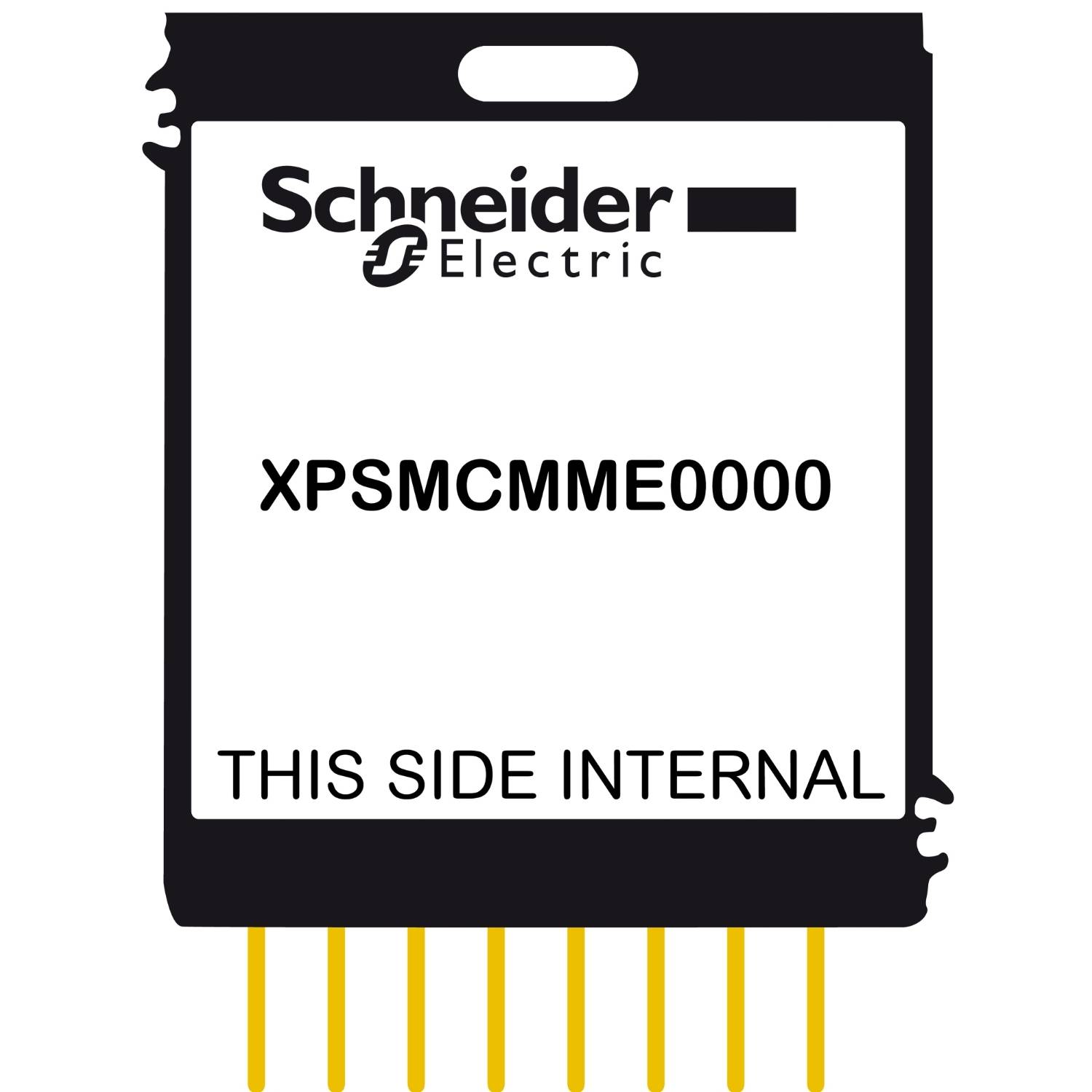 Elektrisch onderdeel met opschrift 'Schneider Electric'. Modelnummer: XPSMCMME0000. Opschrift: 'DEZE ZIJDE INTERN'.