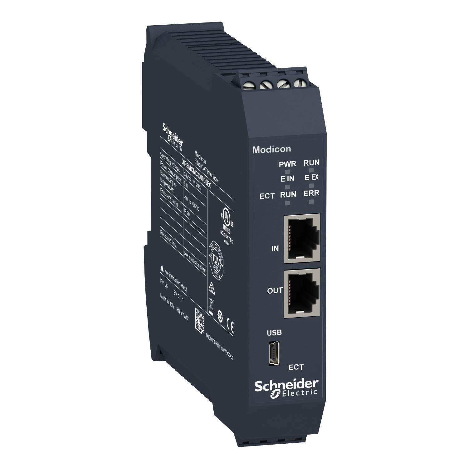Een zwart-grijs elektronisch apparaat van Schneider Electric met aansluitingen, Ethernet-poorten en een LED-display voor stroom- en foutstatus.