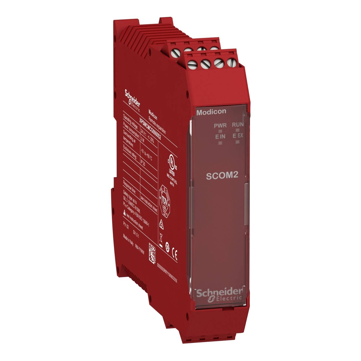Een rood sturingmodule van het merk Schneider Electric, model 'Modicon SCOM2', met bedrijfslogo en technische specificaties gedrukt.