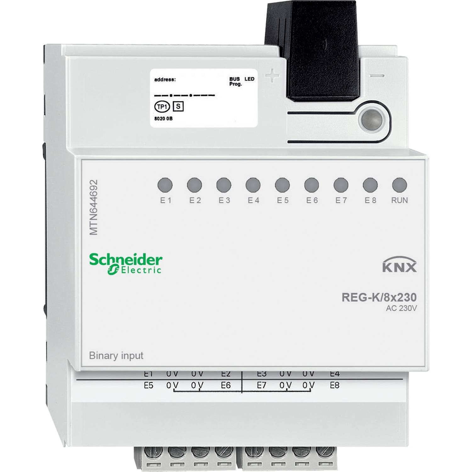 'Schneider Electric KNX Binaire Ingangsmodule, REG-K/8x230, AC 230V' wordt weergegeven; bestuurt elektrische schakelingen in gebouwen.