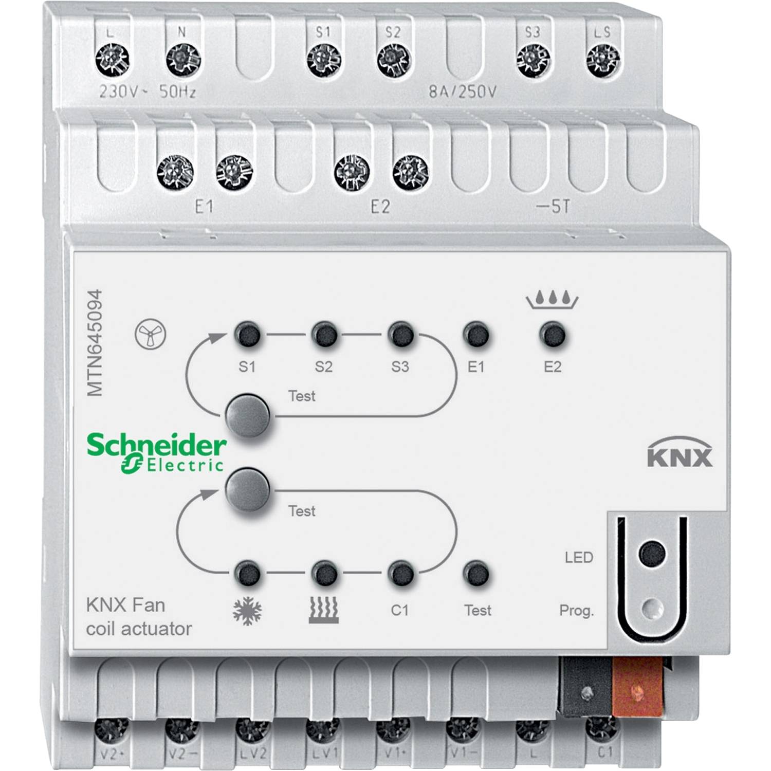 Apparaat van het merk Schneider Electric, model KNX Fan Coil Actuator. Toont aansluitingen, knoppen, LED's en technische gegevens op de voorzijde.