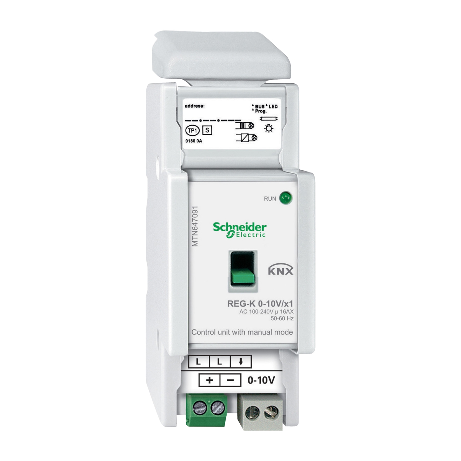 Een KNX-besturingsapparaat van Schneider Electric. Het toont aansluitingsmogelijkheden, bedieningsknoppen en LED-indicatoren voor de bedrijfsstatus.