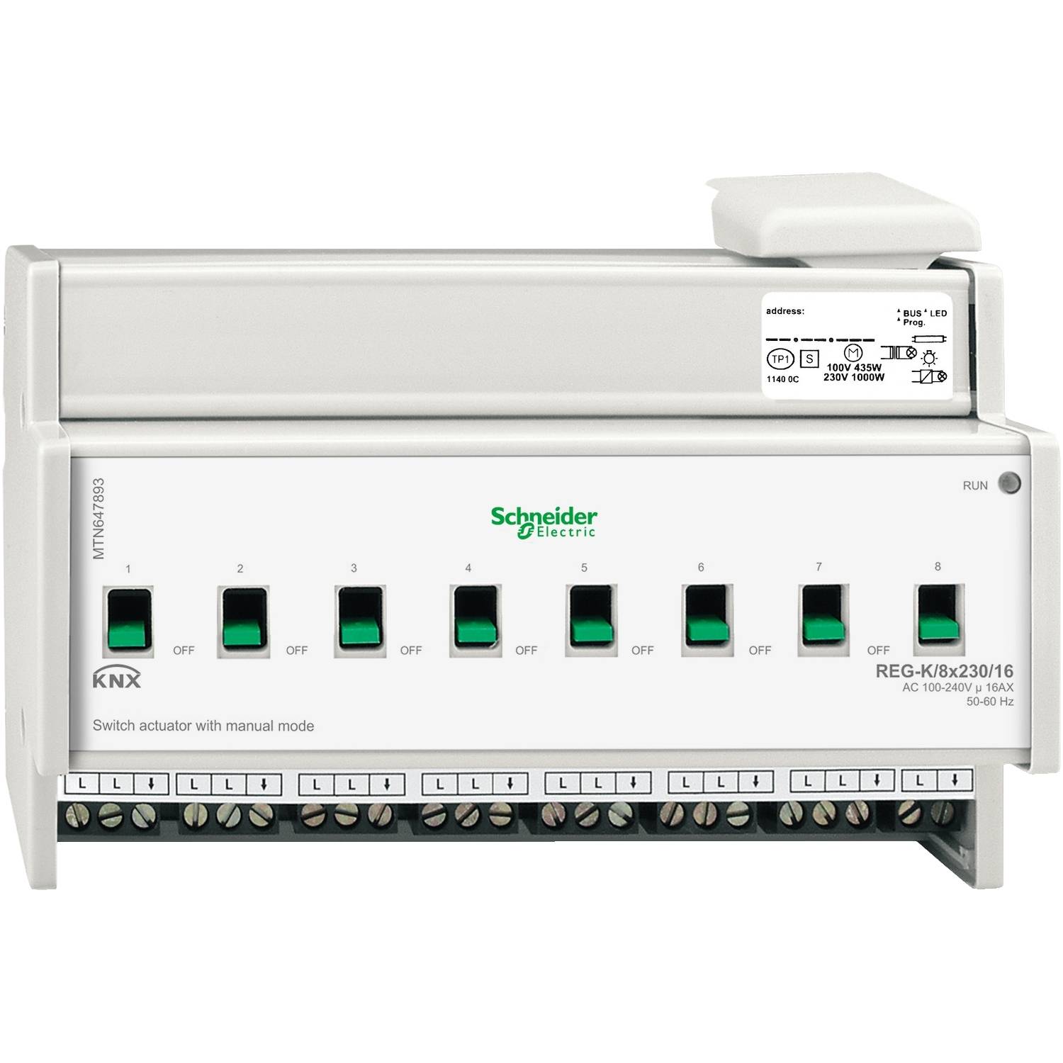 Het beeld toont een schakelactor van Schneider Electric voor KNX-systemen. Hij beschikt over handmatige besturingsschakelaars en aansluitklemmen.