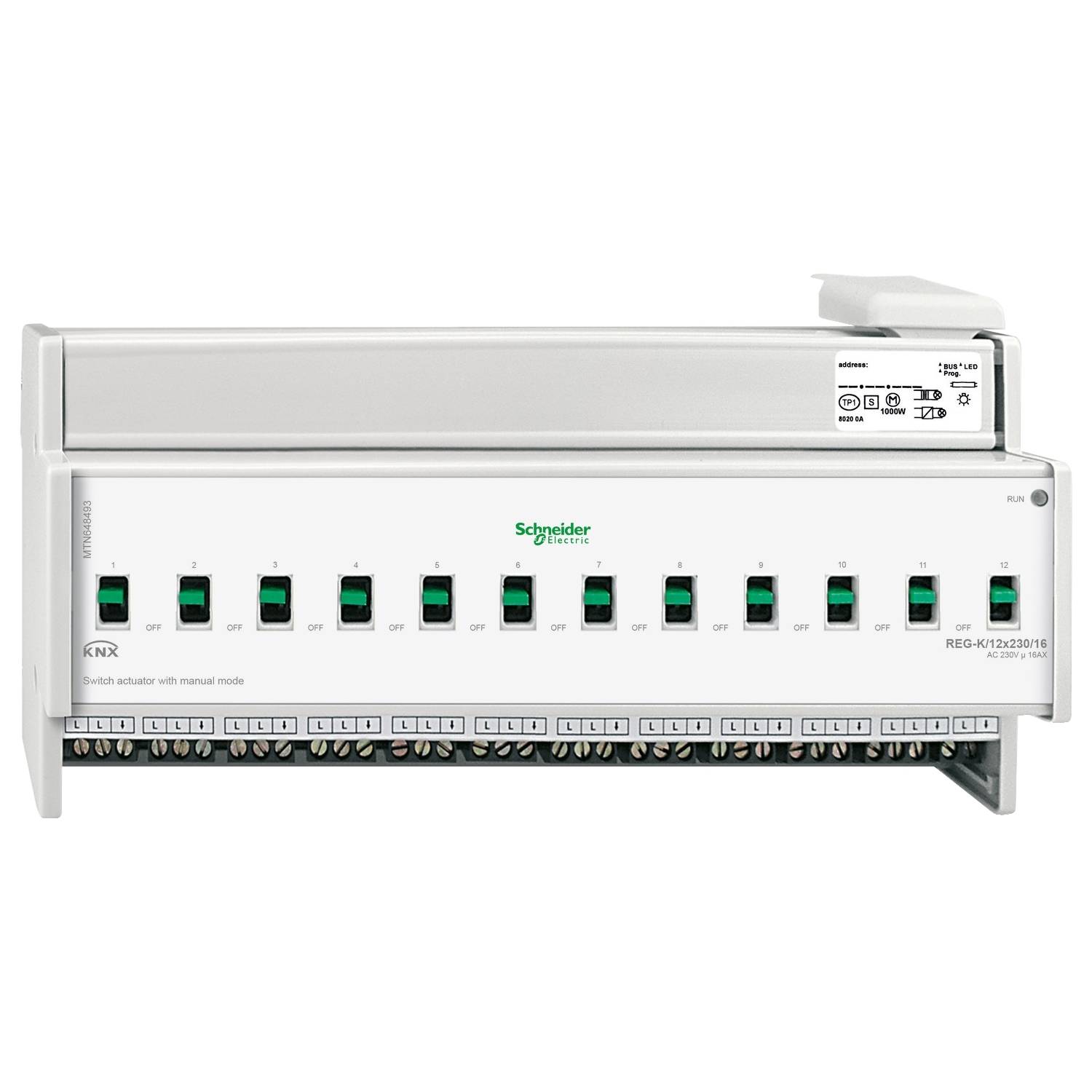 'Schneider Electric KNX schakelactor' met 12 schakelaars op een rij, toont de status 'Aan' of 'Uit' voor elke schakelaar.