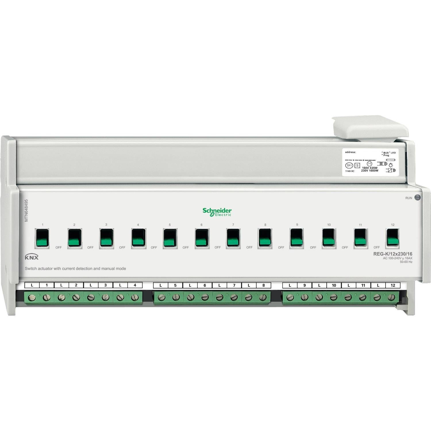 'Schneider Electric KNX Stroomdetector' apparaat met 12 groene schakelaars voor stroommanagement en -bewaking.