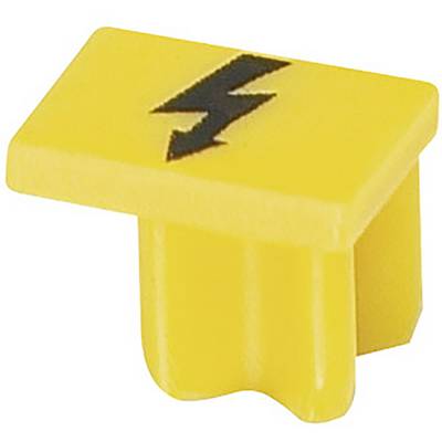 Geel LEGO-onderdeel met zwart bliksemsymbool, vermoedelijk een onderdeel uit een LEGO-set, symboliseert elektrische stroom of energie.