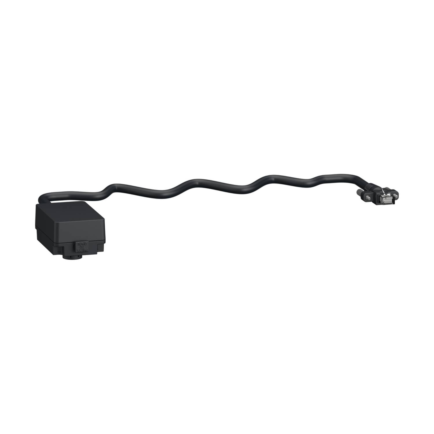 Zwarte, golvende elektronische component met een rechthoekige behuizing en een kabel die eindigt in een stekkerverbinding, tegen een witte achtergrond.