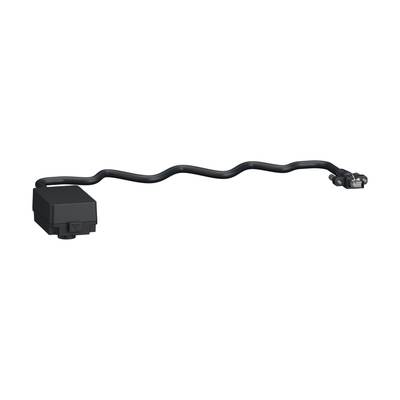 Zwarte, golvende elektronische component met een rechthoekige behuizing en een kabel die eindigt in een stekkerverbinding, tegen een witte achtergrond.