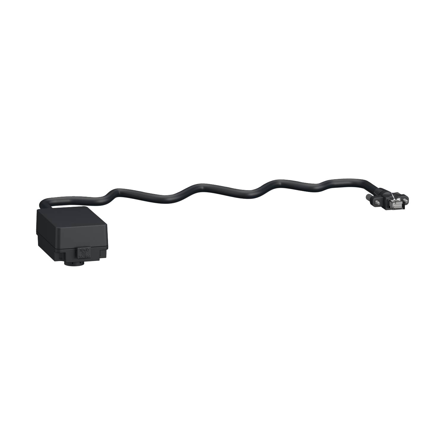 Een zwart elektrisch apparaat met een lang, golvend snoer dat eindigt in een metalen aansluiting. Het zou een sensor of een aansluitapparaat kunnen zijn.