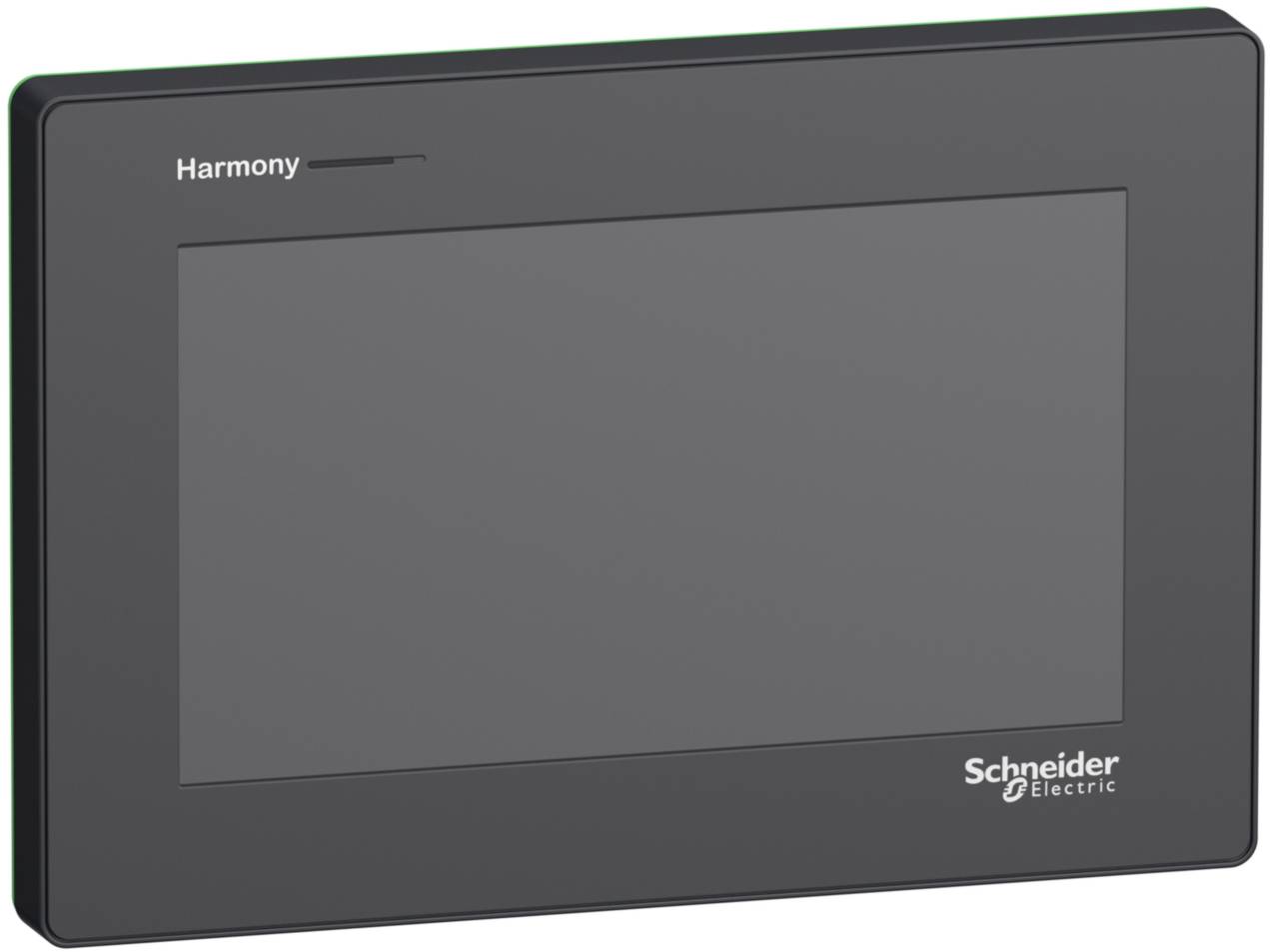 'Schneider Electric' displayapparaat, zwarte lijst, display uitgeschakeld. Modelnaam linksboven, merklogo rechtsonder.