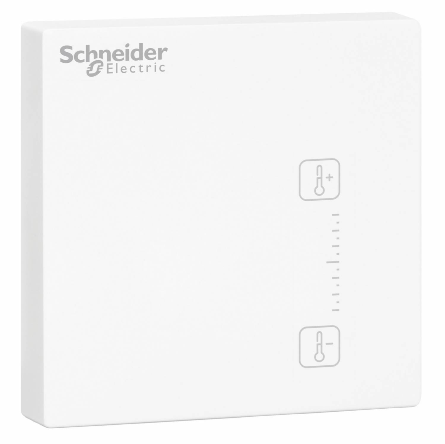 Witte, vierkante thermostaat van Schneider Electric met twee symbolen voor temperatuurverhoging en -verlaging aan de rechterkant.