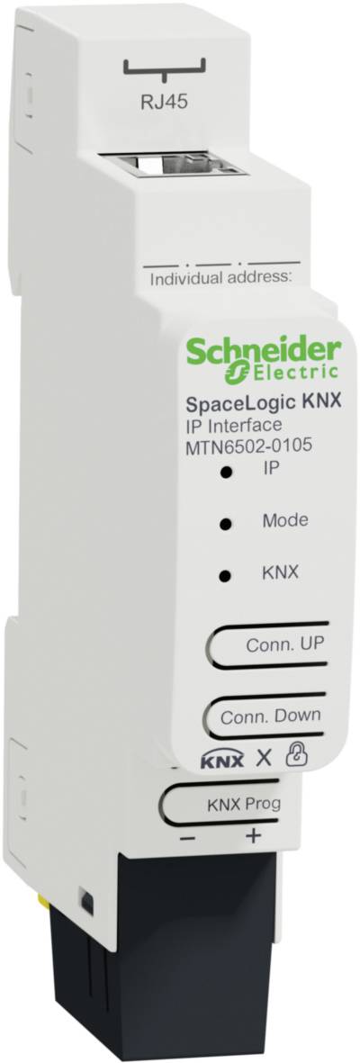 Wit KNX-interface van Schneider Electric voor gebouwautomatisering, met Ethernet-aansluiting en LED-indicatoren voor IP- en KNX-verbindingen.