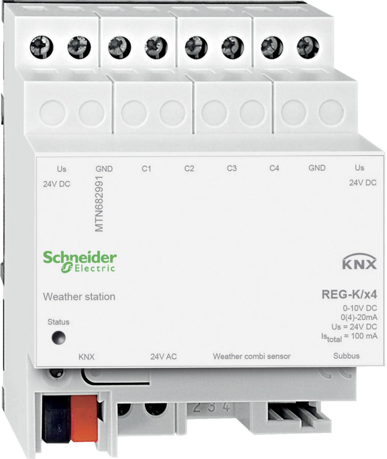 Een schakeltoestel van Schneider Electric met het opschrift 'Weather station' en modelnummer REG-K/X4, compatibel met KNX-systemen.
