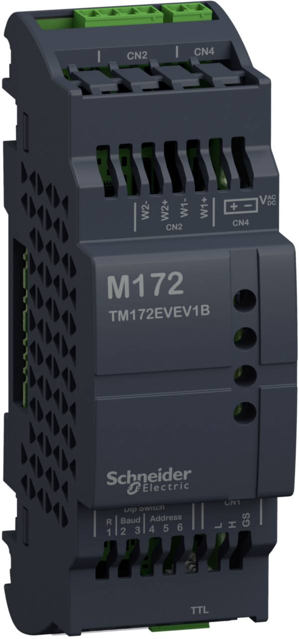 Een zwart, verticaal elektronisch module van Schneider Electric met aansluitingen boven en onder, modelnummer M172, TM172EVEV1B.