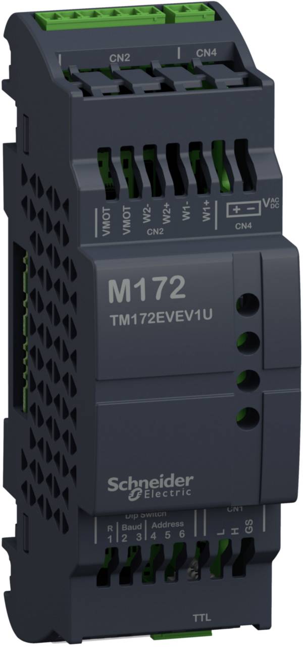 Een elektronisch apparaat van Schneider Electric, model M172 TM172EVEV1U, voor besturingstaken met verschillende aansluitingen bovenaan.