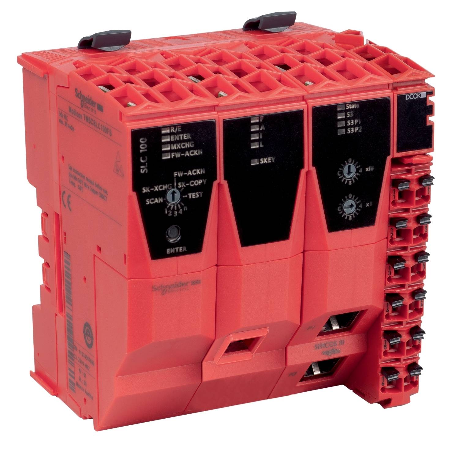 Een rood elektronisch besturingsapparaat met meerdere aansluitingen en zwarte bedieningselementen, gebruikt in industriële toepassingen.