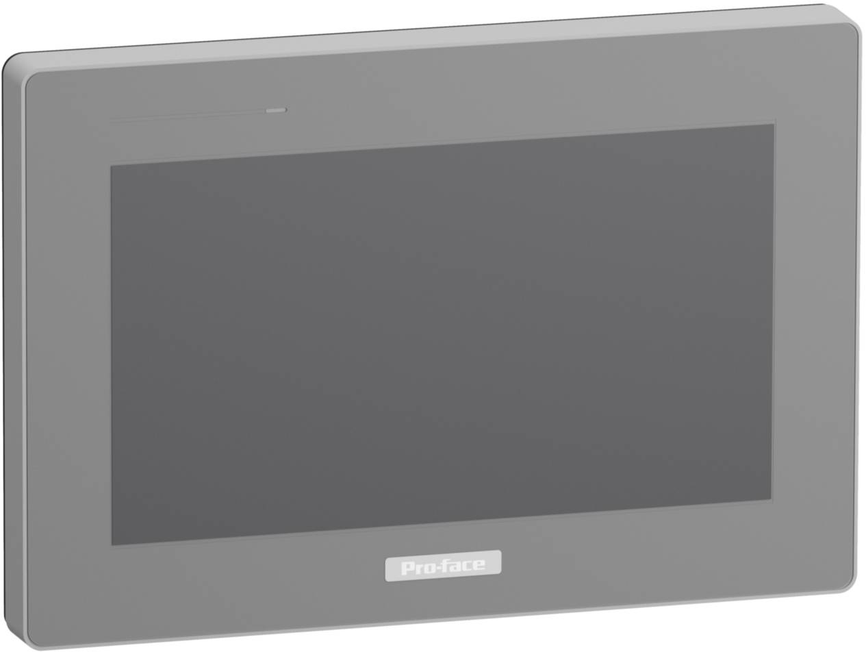 Een moderne, grijze touchscreen-monitor met een frame, waarbij op het apparaat het opschrift 'Pro-face' zichtbaar is.