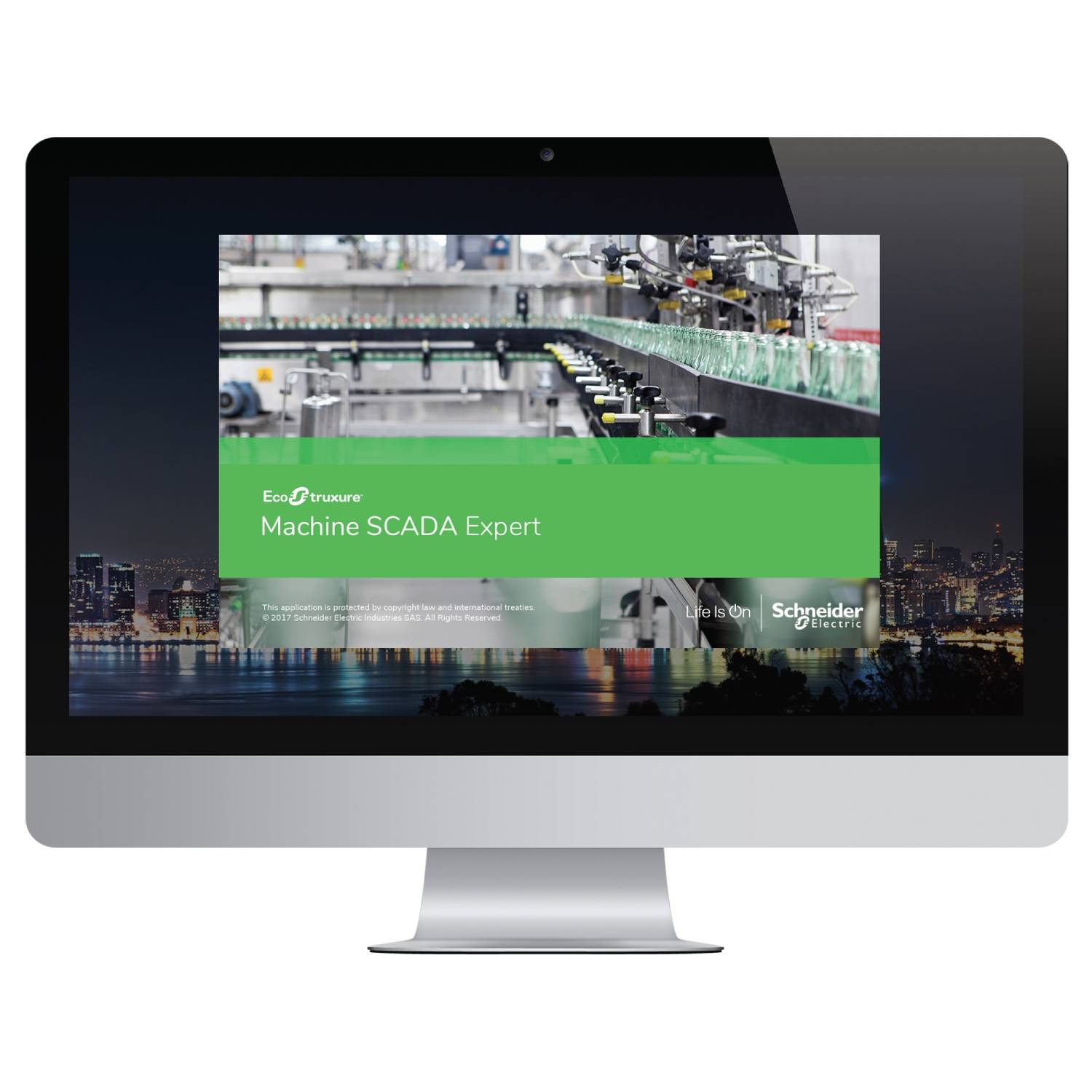 Een computerscherm toont de website van 'EcoStruxure Machine SCADA Expert' met afbeeldingen van een productielijn.
