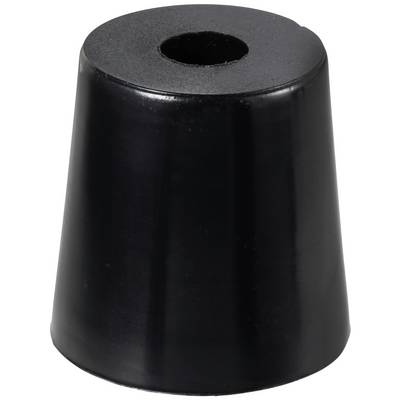 Een zwarte, kegelvormige rubberen stootdemper met een centrale boring, vergelijkbaar met een deurstop, staat rechtop.