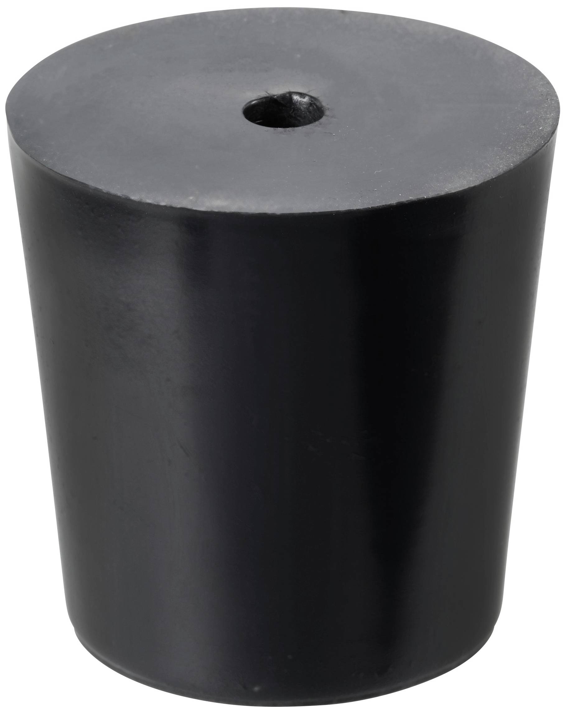Een zwarte gegummeerde kegel met een platte bodem en een klein gat aan de punt.