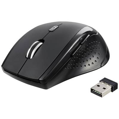 Zwarte draadloze computermuis met DPI-knop en USB-ontvanger, zij-toetsen en ergonomisch ontwerp.