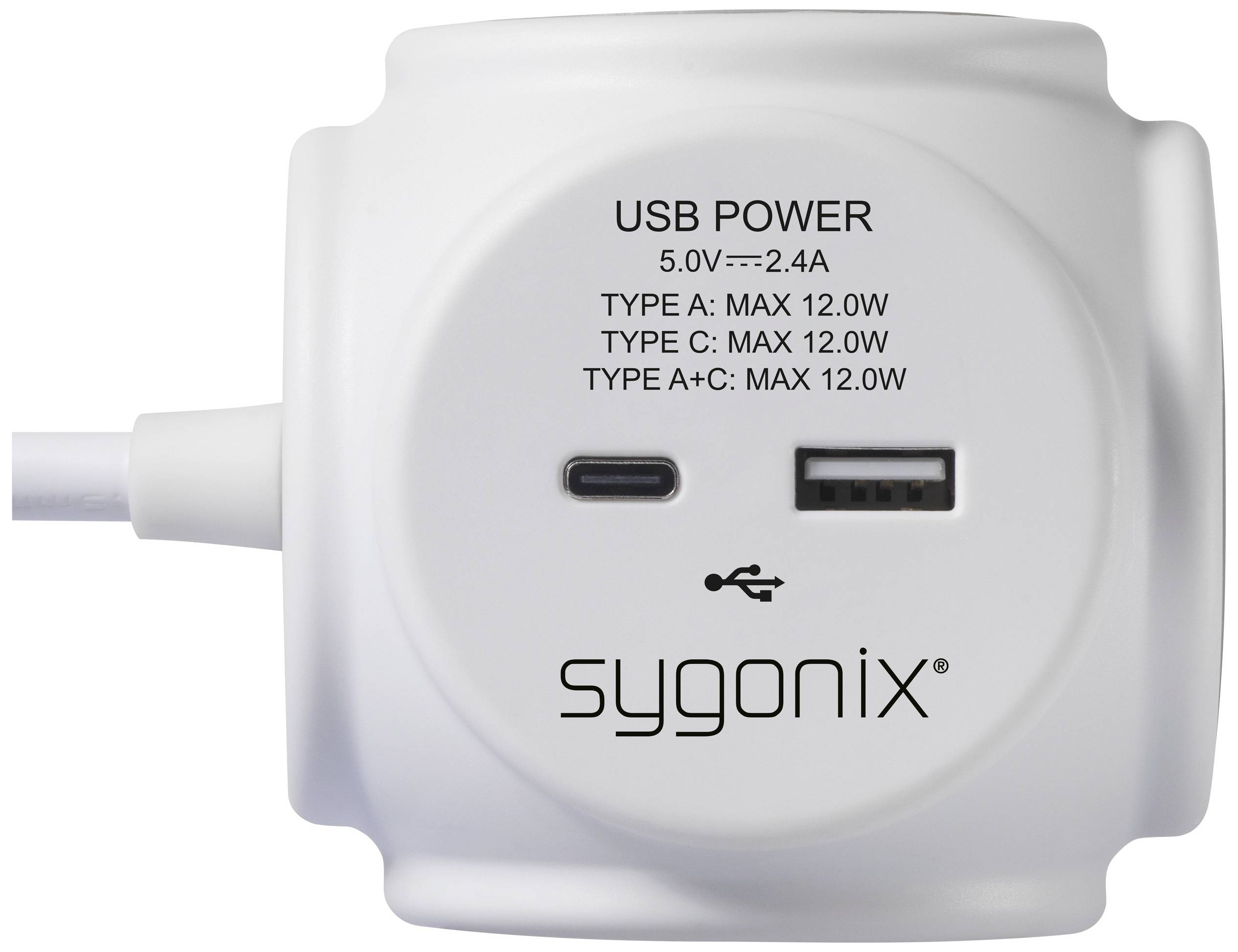 Een wit USB-oplader met het opschrift 'sygonix'. Het heeft een USB-C en een USB-A-aansluiting, met een maximaal vermogen van 12.0W.