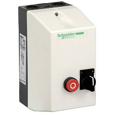 'Schneider Electric' schakelkast met rode drukknop en zwarte draaischakelaar, voor elektro-installaties.