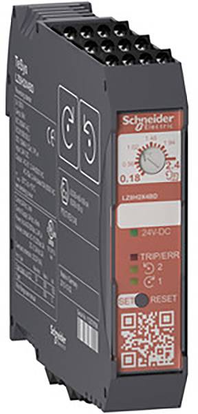Een kleine, zwarte elektrische schakelkast met rode en witte markeringen, waarop 'Schneider Electric' staat, met QR-code.